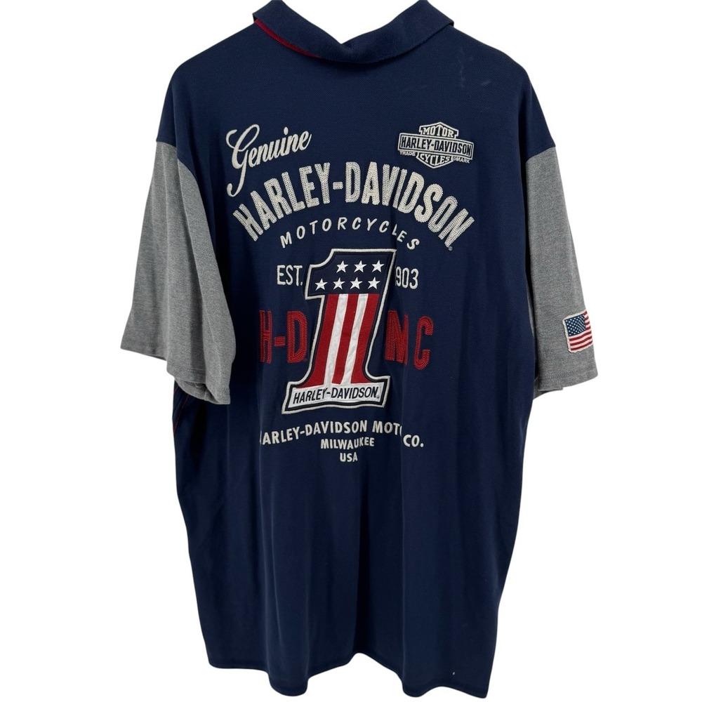 Harley Davidson Mens Shirt Black 2XL‎ XXL Polo USA Flag #1 Logo Full Back